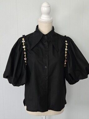 Black Puff-Sleeve Button-Down Shirt with Embellished Shoulder Trim